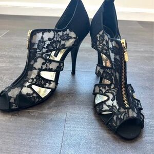 Beverly Feldman Black Lace Heels with Gold Accents